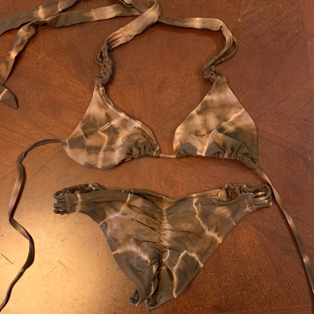 AQUAMARINE Brown hand-dyed tie dye bikini scrunched - SMALL